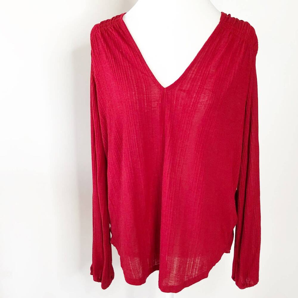 Lucky Brand Top Large Red Tunic V Neck Long Sleeve Gauzy